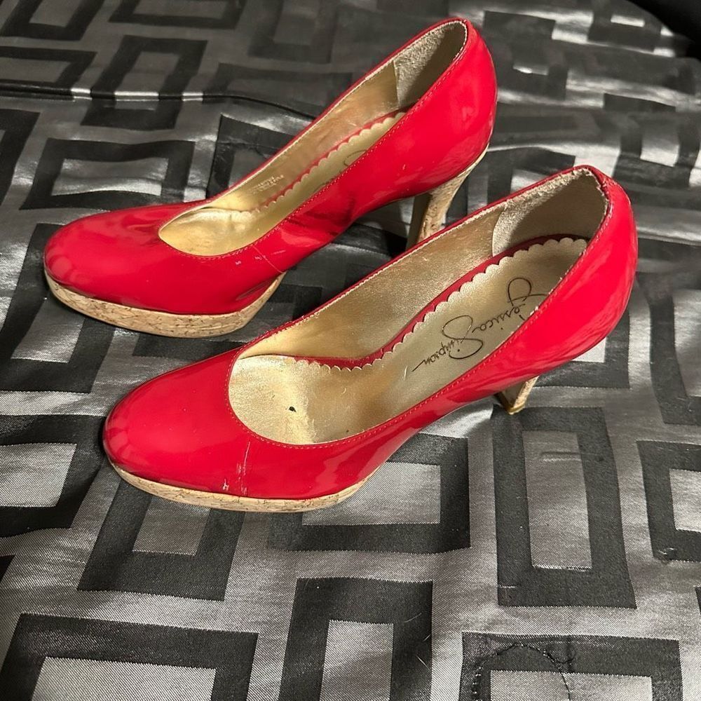 Jessica Simpson red cork screw heels, leather upper